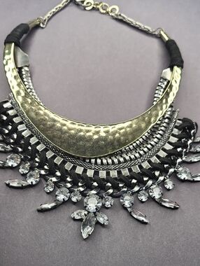 Statement Multi-Row Black and Gold Crystal Necklace